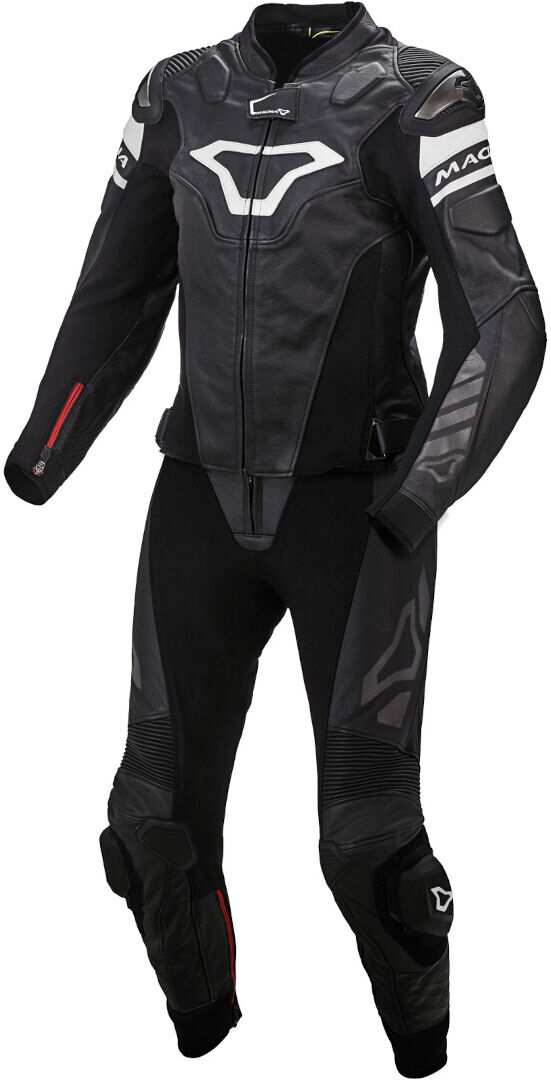Macna Tracktix Damas de dos piezas traje de cuero de motocicleta - Negro Blanco (40)