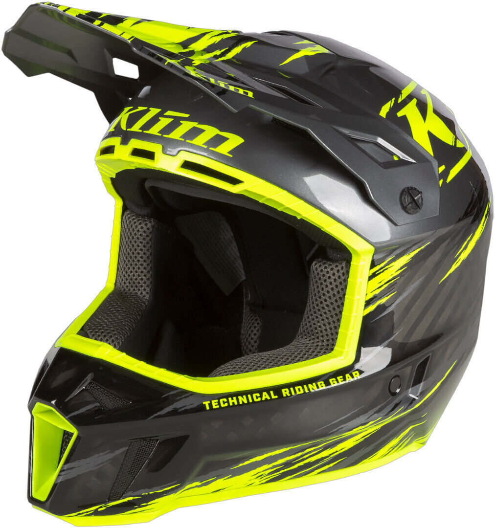 Klim F3 Carbon Pro Thrashed Hi-Vis Casco de moto de nieve - Negro Amarillo (XL)