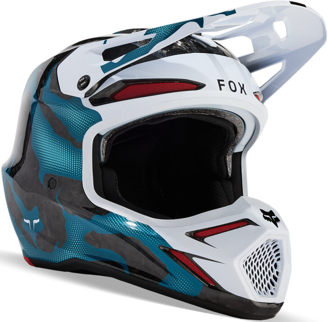 Fox V3 RS Withered MIPS Casco de motocross - Negro Blanco Azul (XS)