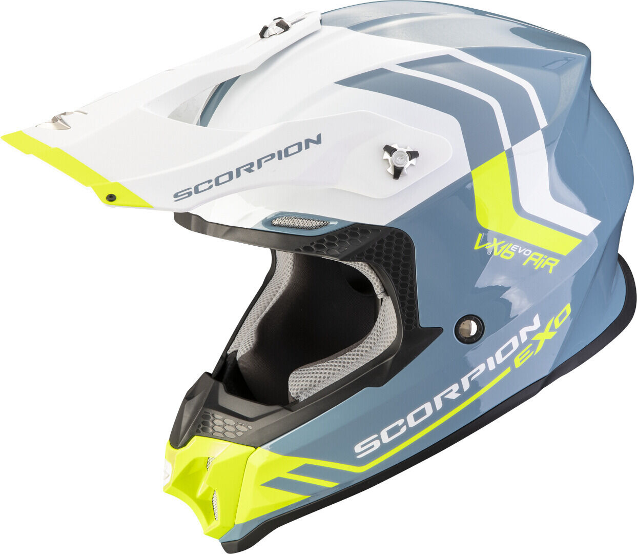 Scorpion VX-16 Evo Air Fusion Casco de motocross - Blanco Azul Amarillo (XL)