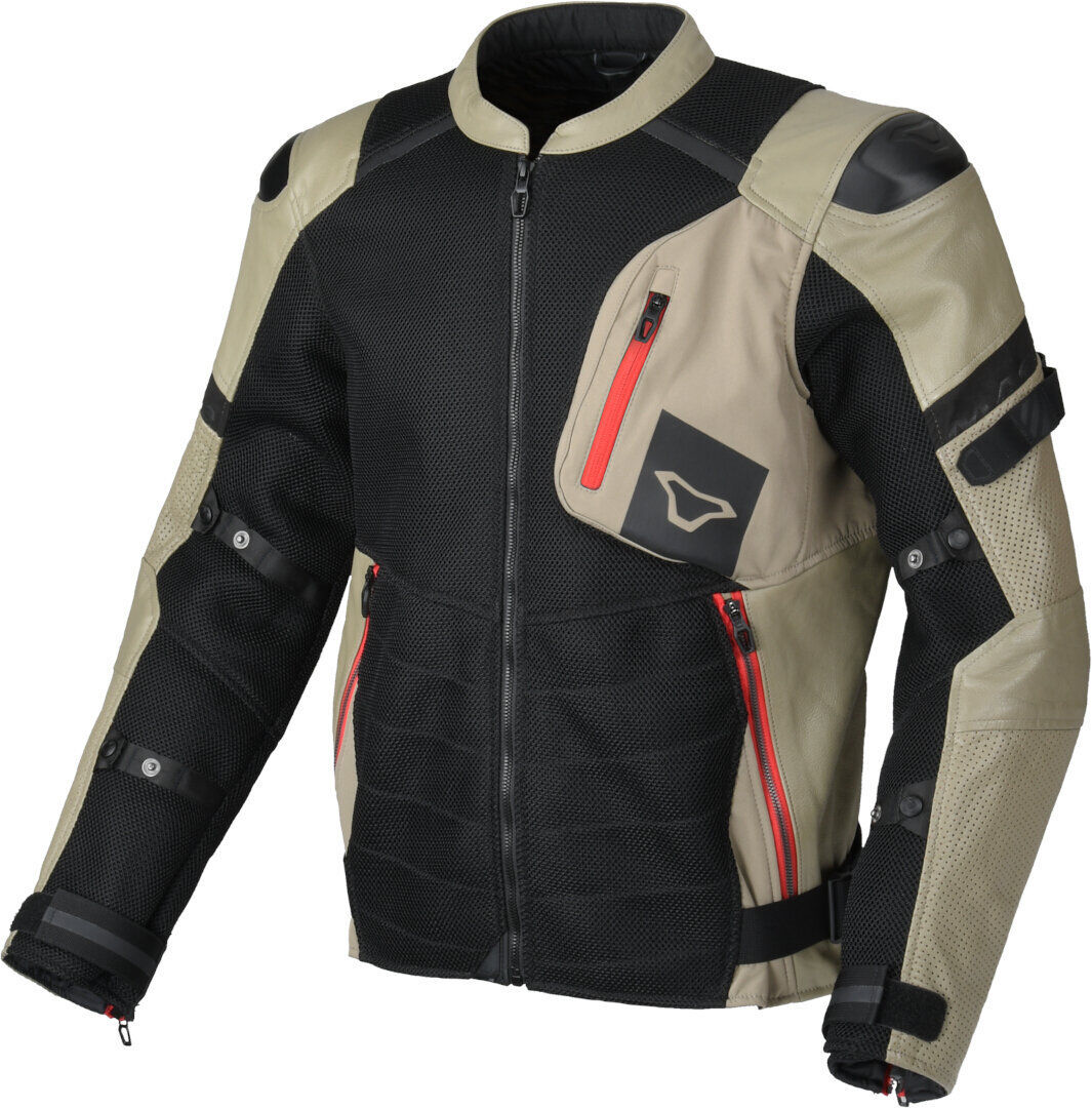 Macna Olsan Chaqueta perforada de cuero / textil para motocicletas - Negro Beige (2XL)