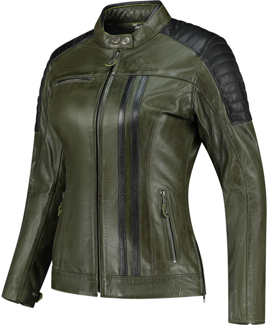 Rusty Stitches Alice Chaqueta de cuero de moto para mujer - Negro Verde (40)