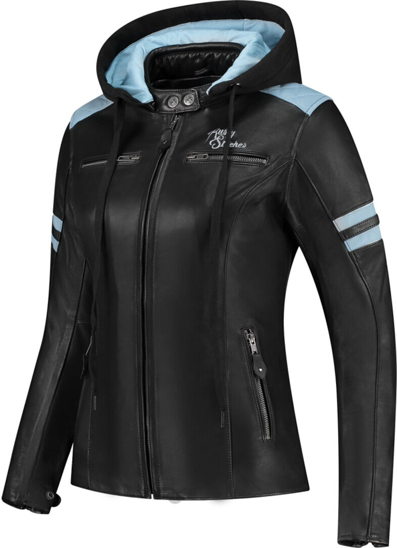 Rusty Stitches Joyce Hooded V2 Chaqueta de cuero de moto para mujer - Negro Azul (46)