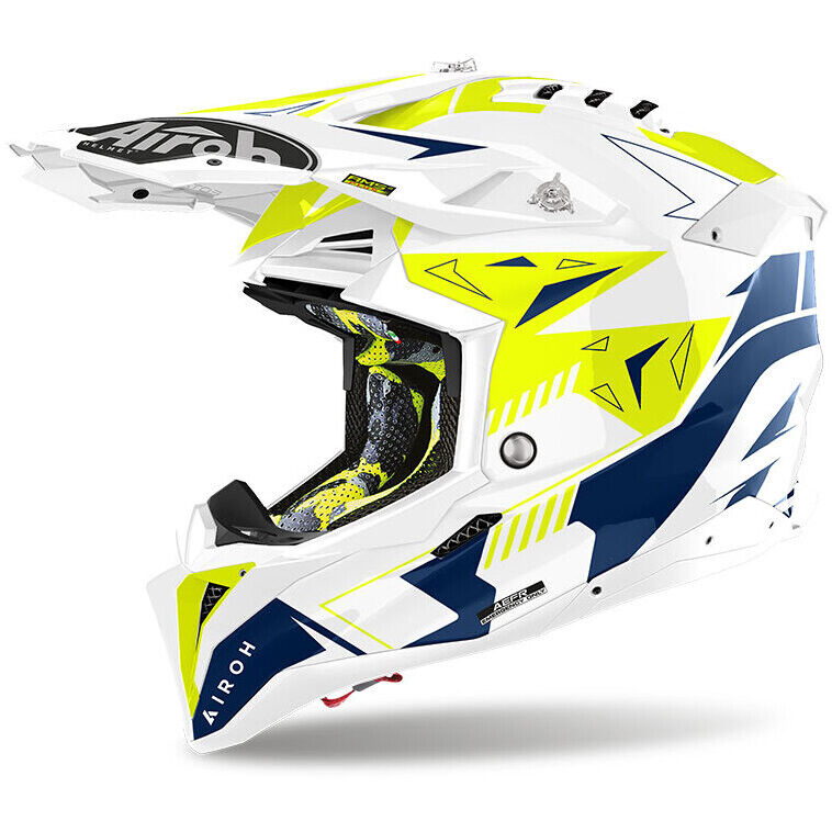 Casco Moto Cross Enduro Airoh AVIATOR 3 SPIN Giallo Blu Luci taglia S