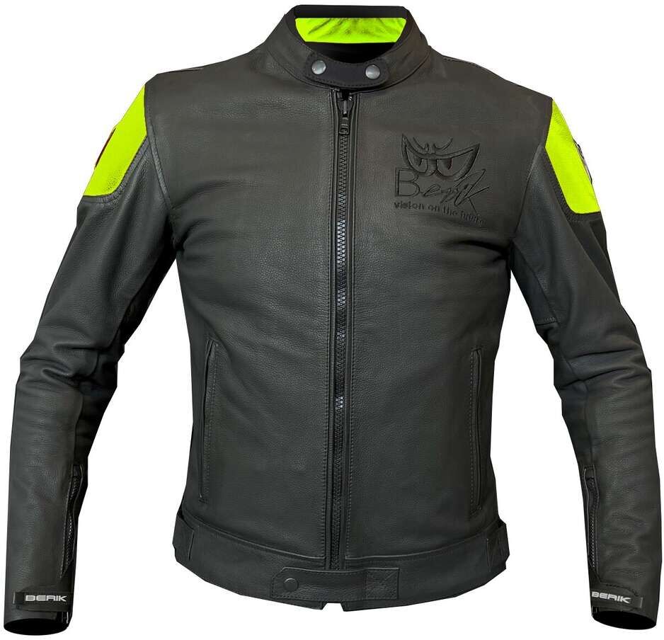 Giubbotto Moto in Pelle Berik LJ-221324-BK Nero Giallo Fluo taglia 50