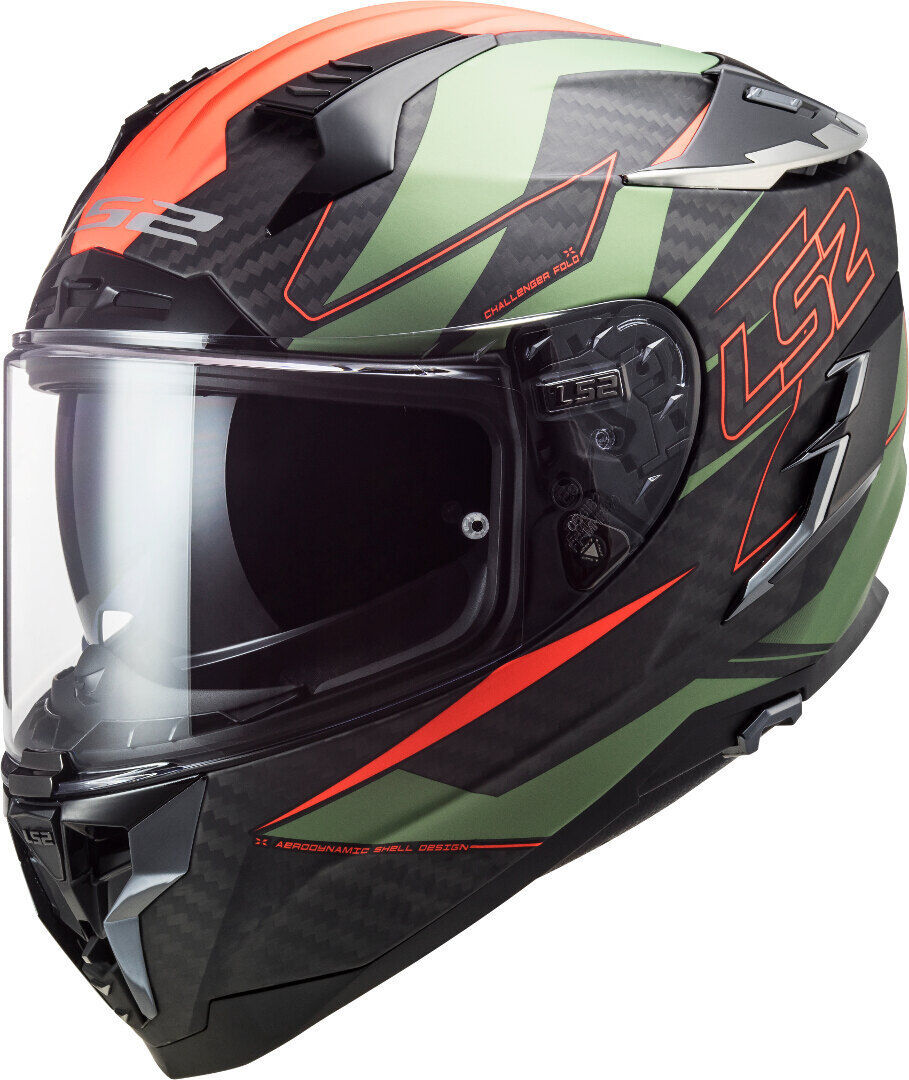 LS2 FF327 Challenger Fold Carbon Casco Nero Verde Arancione XS