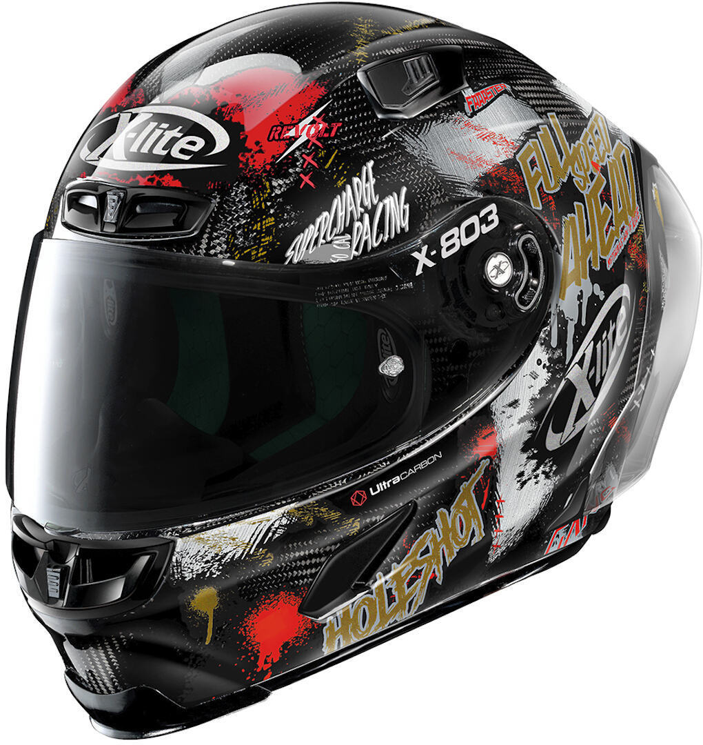 X-lite X-803 RS Ultra Carbon Replica Holeshot Casco Nero Rosso Argento XS