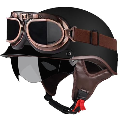 OZXDKJ Voor Volwassenen Open Motorhelm Heren Dames, Motorfiets Schedelkap Halve Helmen, Motor Met Bril Halve Helm ECE / DOT Goedgekeurd, Halfschaalhelmen ,L=(59-60cm),CC