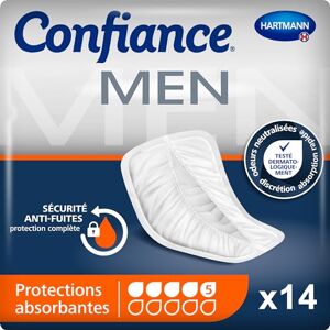 Confiance Men Petites Protections Anatomiques Absorbantes pour Hommes Discrètes Niveau d'Absorption = 5 gouttes (Fuites Urinaires Moyennes) pH Neutre à la Peau 14 Unités - Publicité