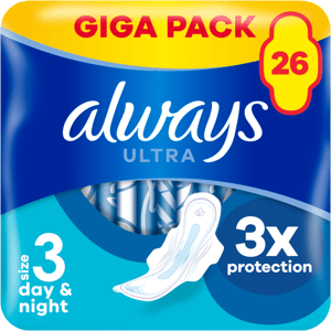 Always Ultra Sanitetsbindor Day & Night Med Vingar Storlek 3 26 st