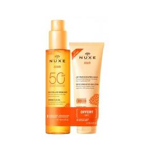 Nuxe Duo Huile Solaire Bronzante Haute Protection Spf50 Visage et Corps et Lait Fraîcheur Après-Soleil Visage et Corps 100 ml Offert - Lot 2 produits - Publicité