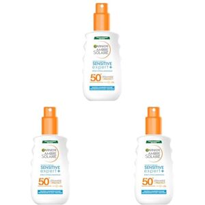 Garnier Ambre Solaire Sensitive Expert+ Spray Solaire Hypoallergénique Adulte Très Haute Protection FPS50+ Non Gras & Non Collant Waterproof 150 ml (Lot de 3) - Publicité