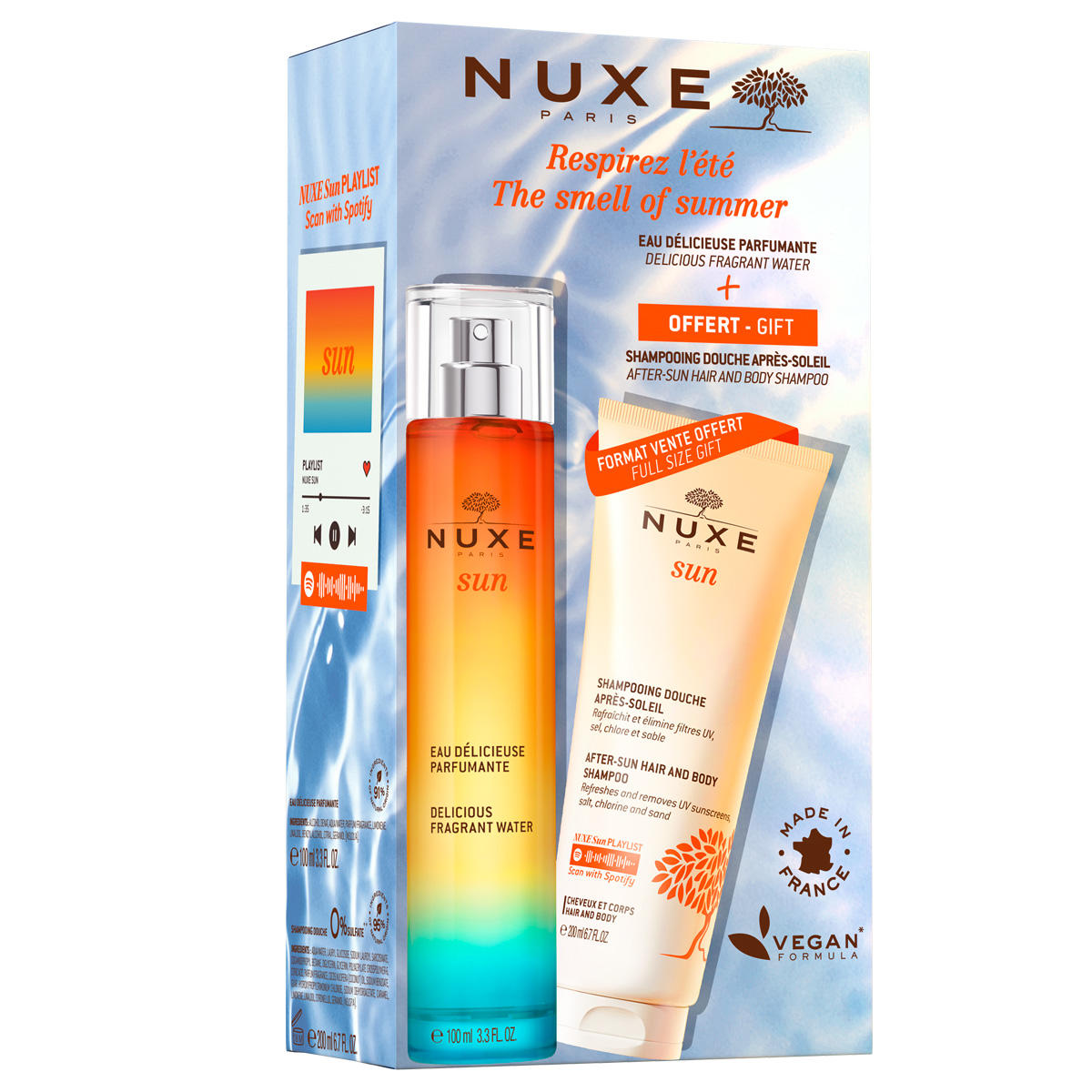 nuxe sun deliziosa acqua profumata + set di shampoo doposole