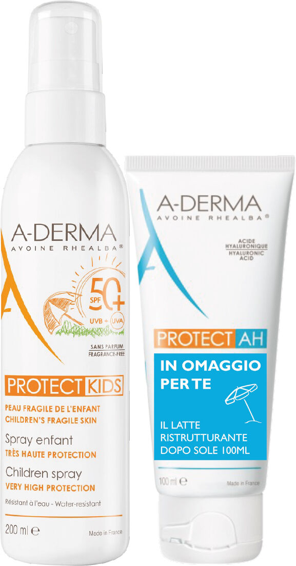 A-derma Kit Solare Protect Kids Spray Bambino Spf50+ 200ml + Protect Ah Latte Ristrutturante Doposole Idratante 100ml