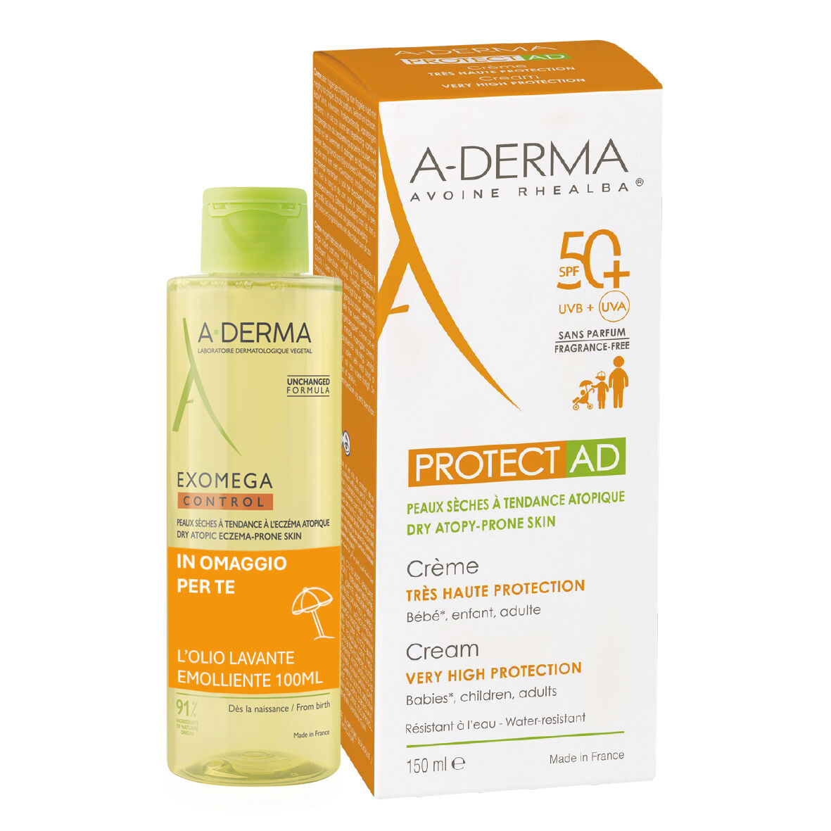 A-derma Kit Solare Protect Crema Spf50+ 150ml + Olio Lavante Emolliente Exomega Control 100ml