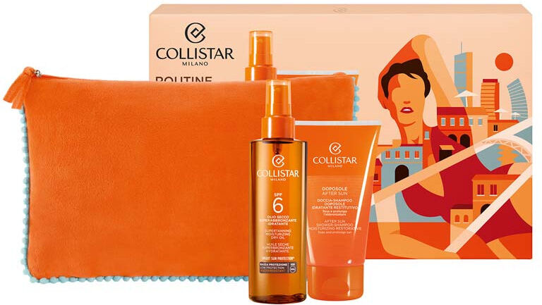 Collistar Olio Secco Superabbronzante Idratante SPF 6 Confezione 200 ML Olio Secco SPF 6 + 150 ML Doccia-Shampoo Doposole + Pochette