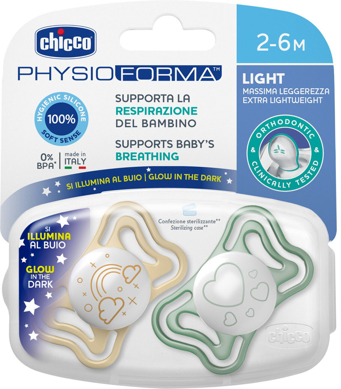 Chicco succhietto light lumi silicone 2-6m 2 pezzi