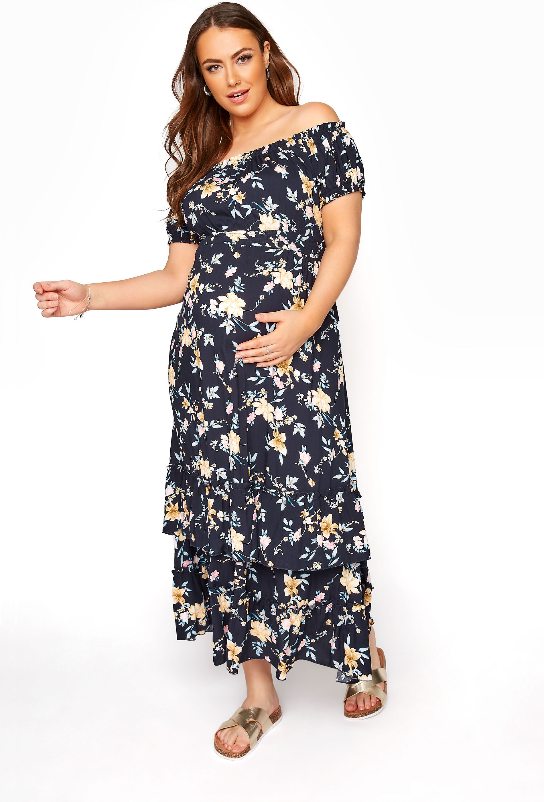 Yours Clothing Bump it up navy floral bardot maxi dress