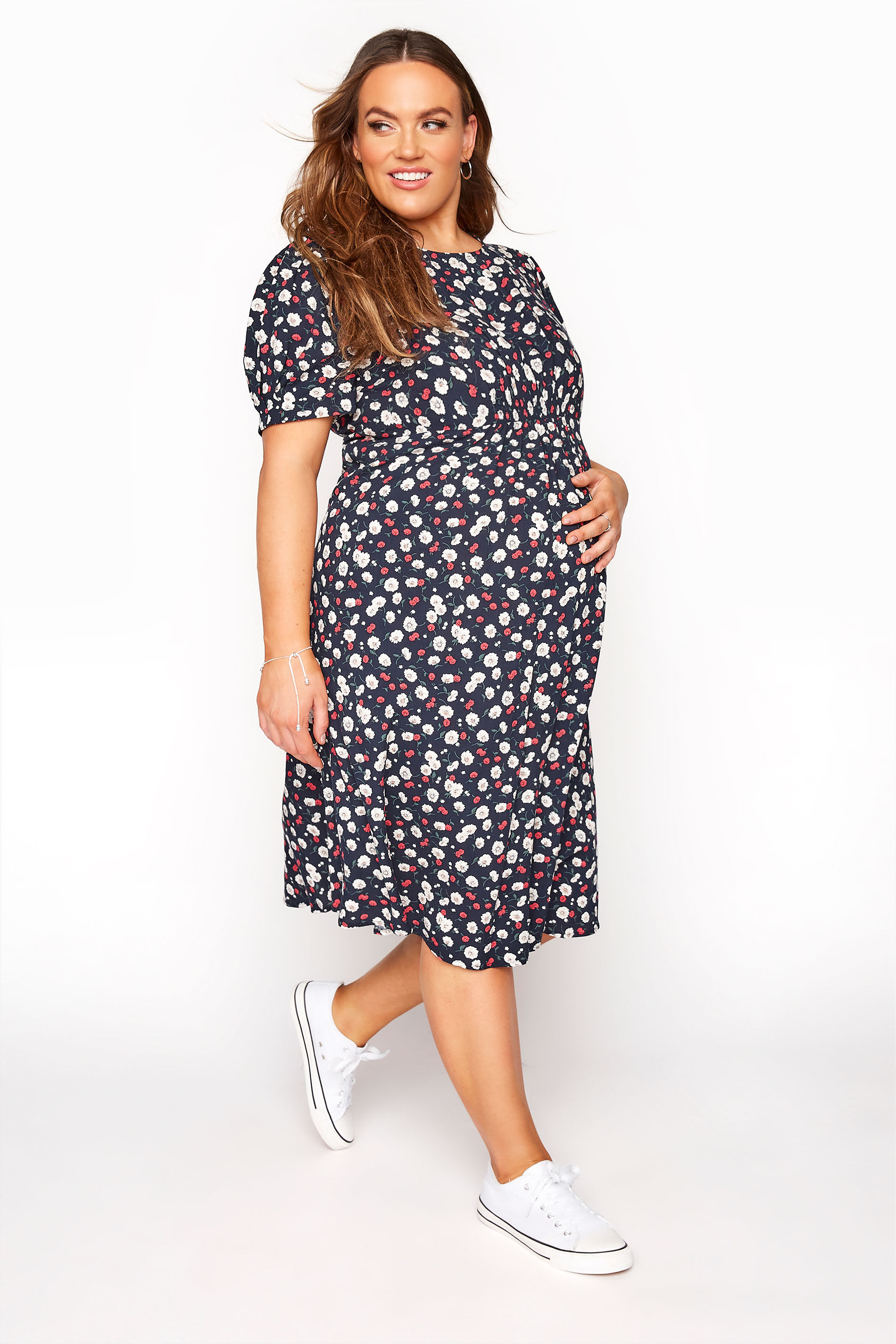 Yours Clothing Bump it up maternity multi floral puff sleeve midi dress