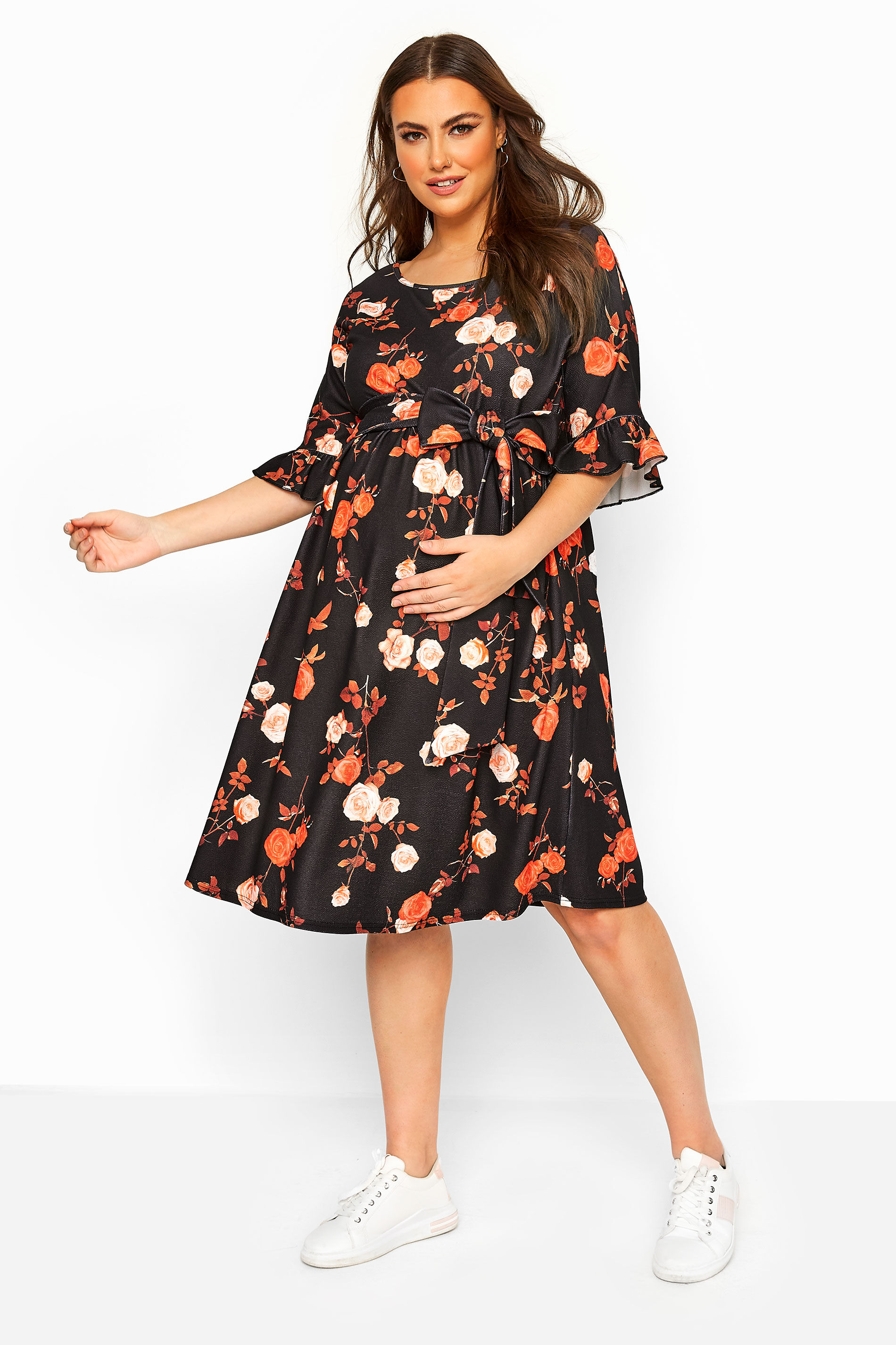 Yours Clothing Bump it up maternity black & orange floral ruffle sleeve dress