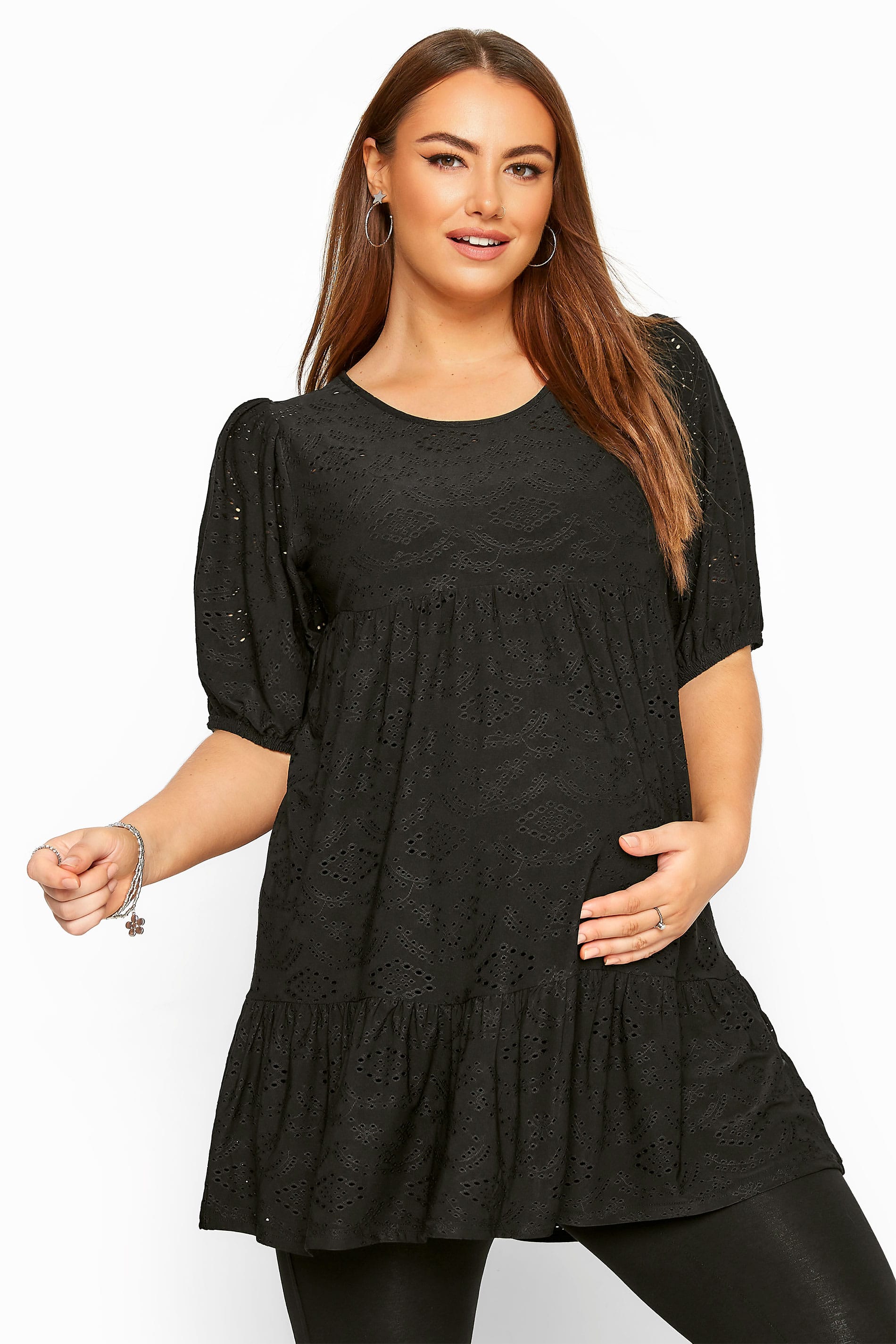 Yours Clothing Bump it up maternity black broderie anglaise tiered smock top