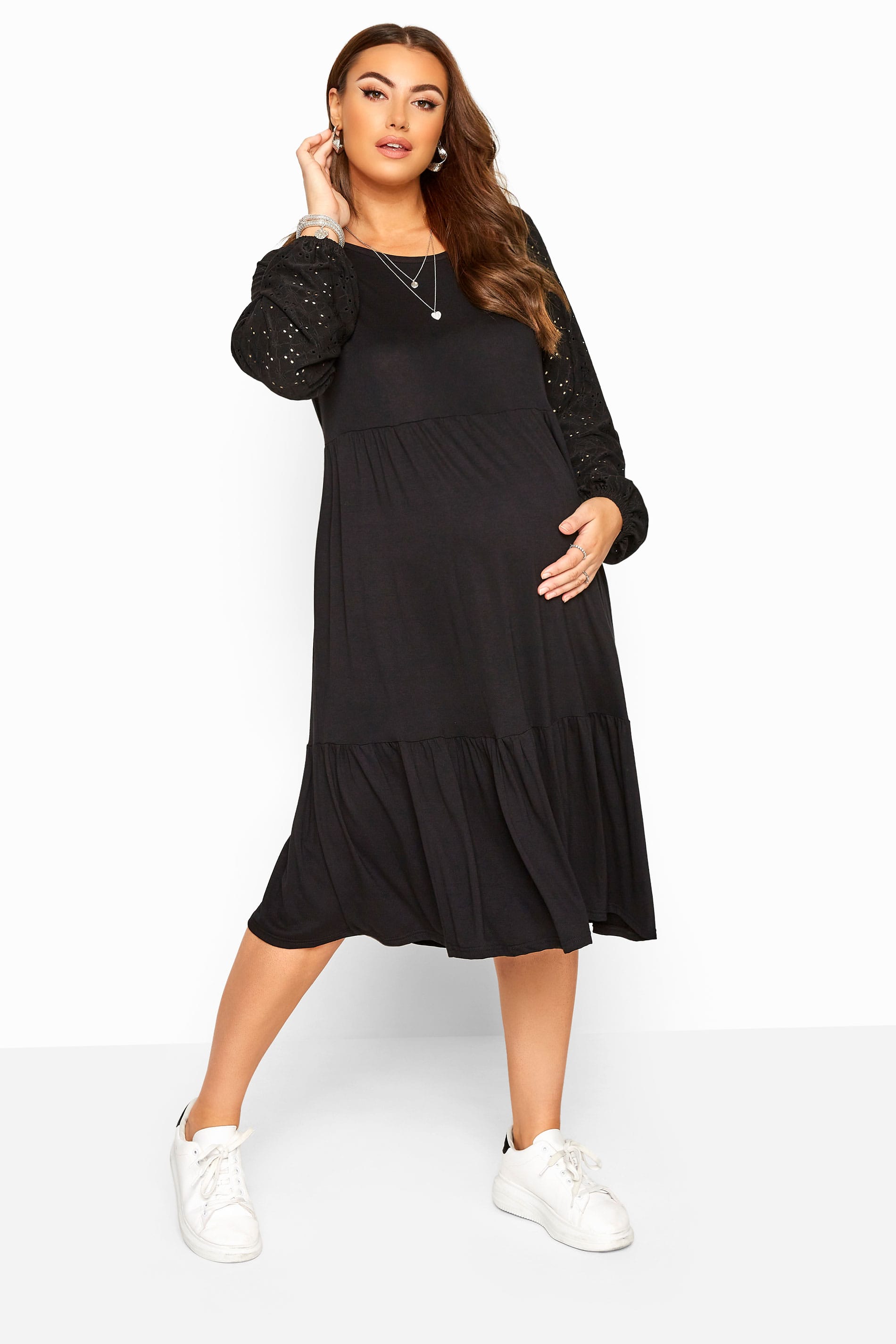 Yours Clothing Bump it up maternity black broderie anglaise sleeve tiered dress