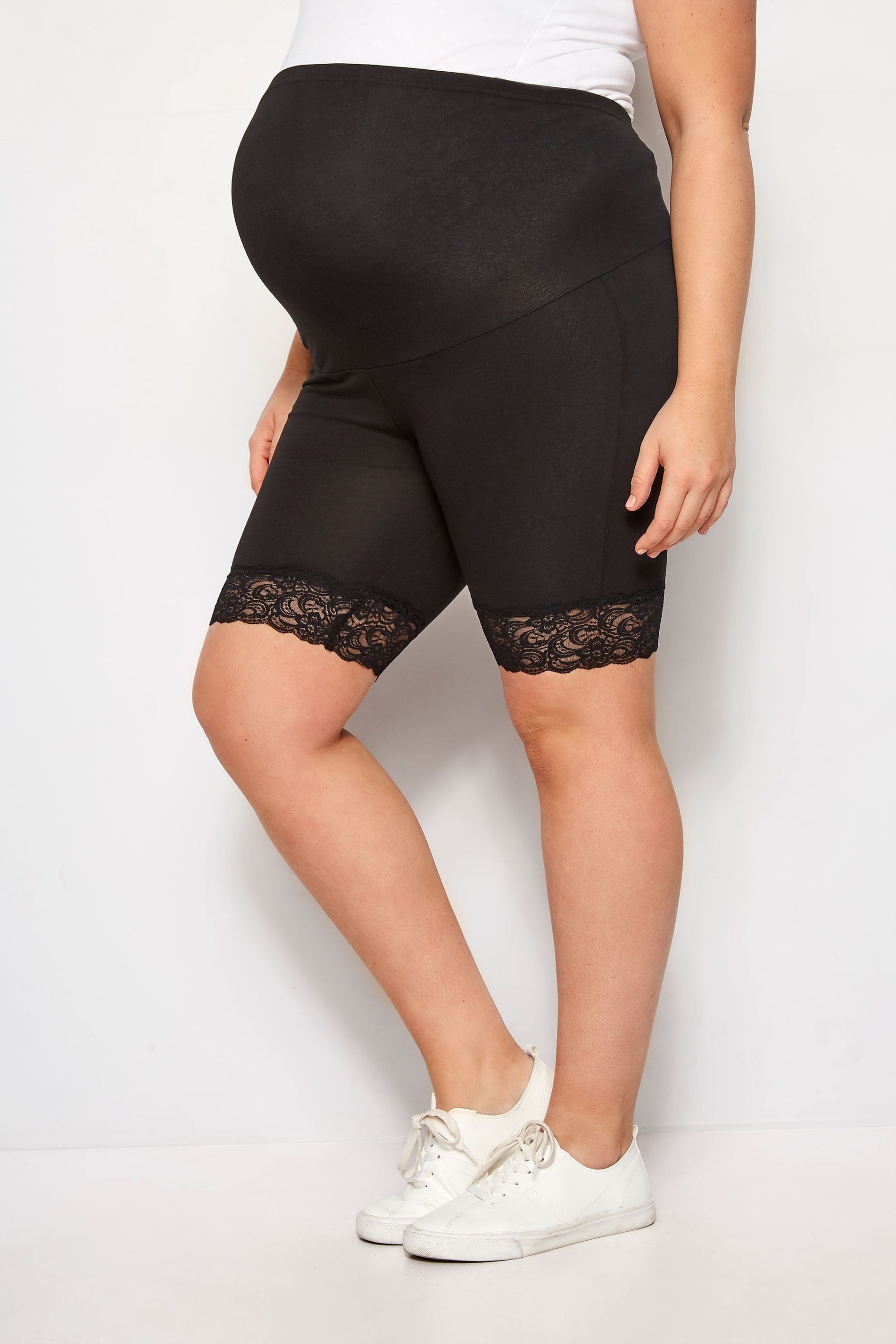 Yours Clothing Bump it up maternity black legging shorts with lace trim