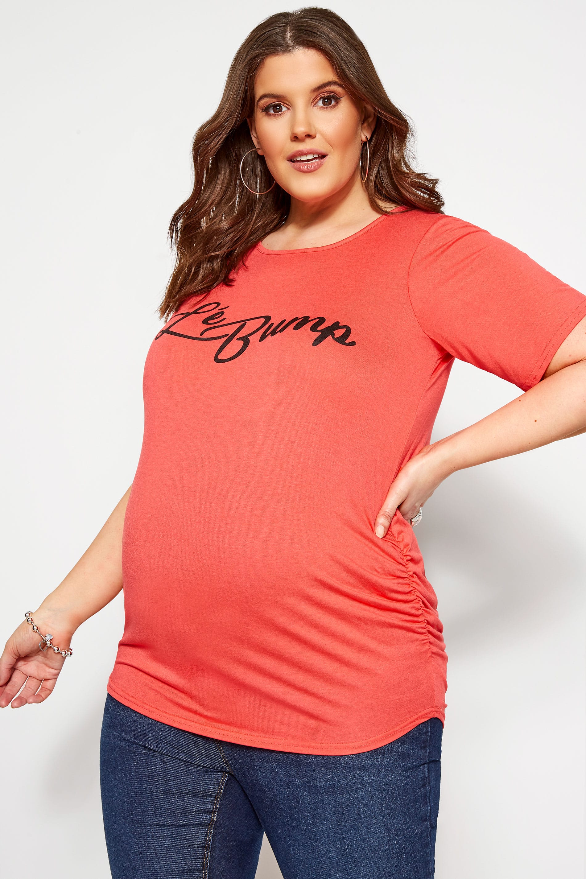 Yours Clothing Bump it up maternity coral pink 'lé bump' slogan tshirt