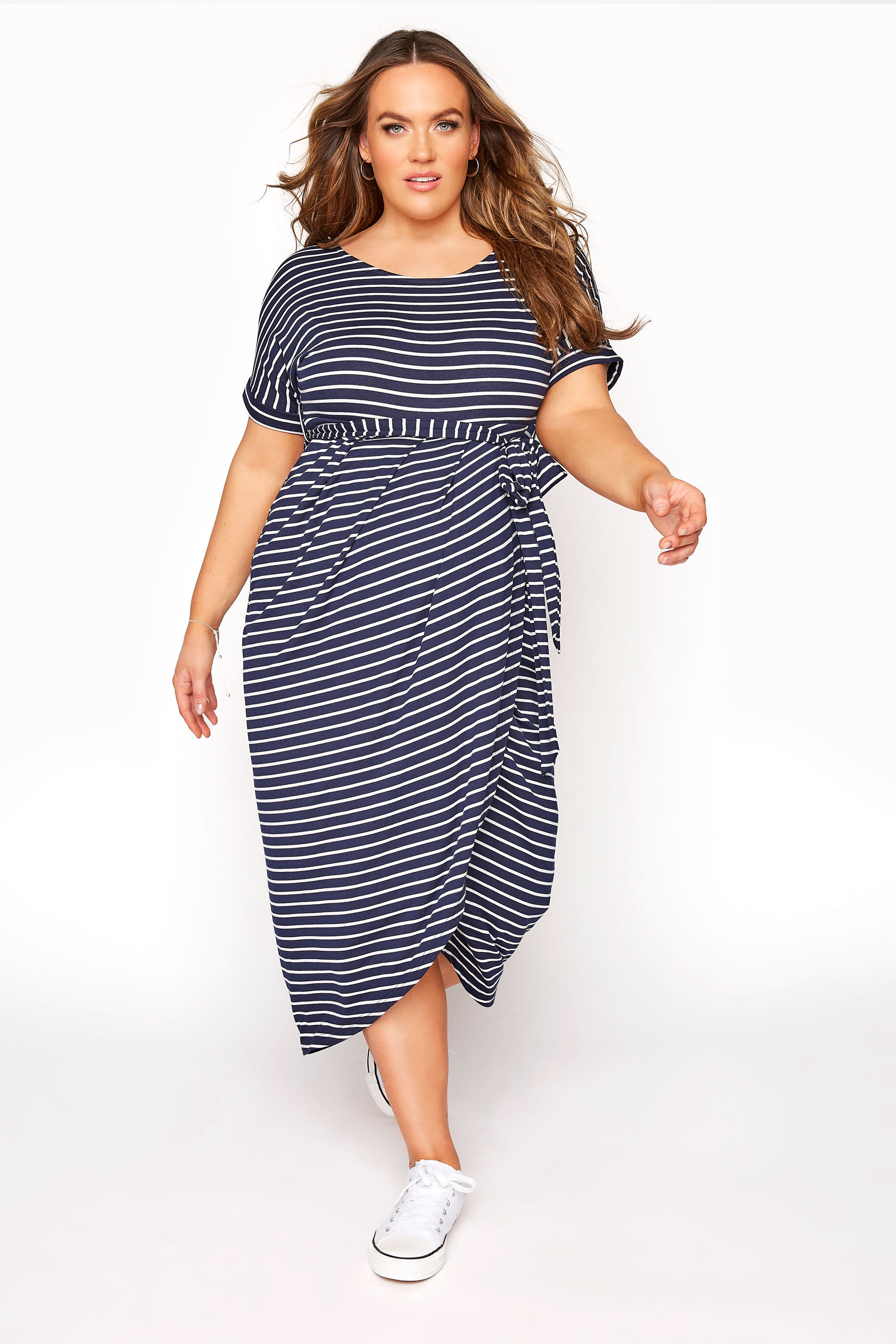 Yours Clothing Bump it up maternity navy & white stripe tie waist wrap dress