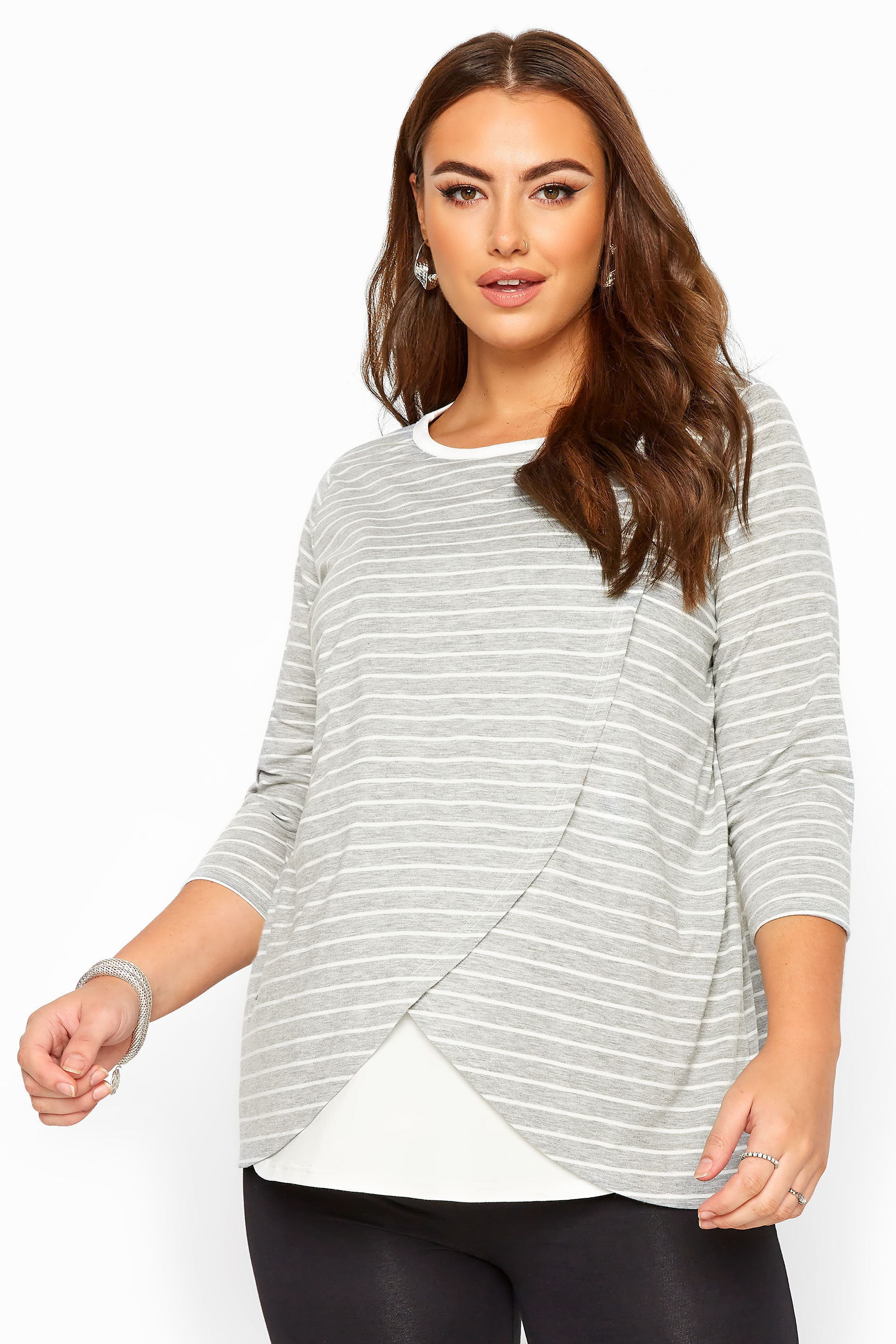 Yours Clothing Bump it up maternity grey & white stripe nursing top