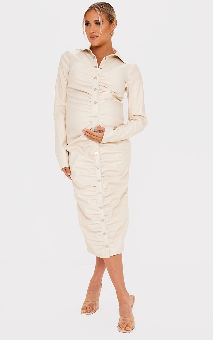 PrettyLittleThing Maternity Stone Ruched Faux Leather Midi Dress  - Stone - Size: 8