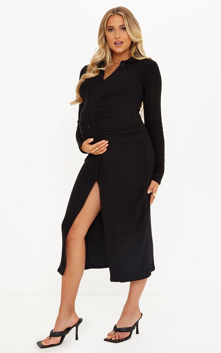 PrettyLittleThing Maternity Black Brushed Rib Long Sleeve Ruched Midi Dress  - Black - Size: 10