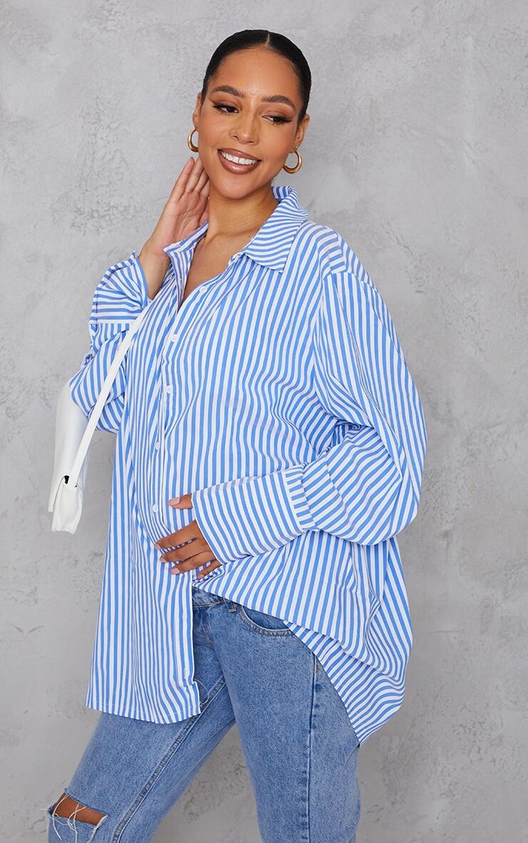 PrettyLittleThing Maternity Blue Stripe Oversized Cuff Shirt  - Blue - Size: 12
