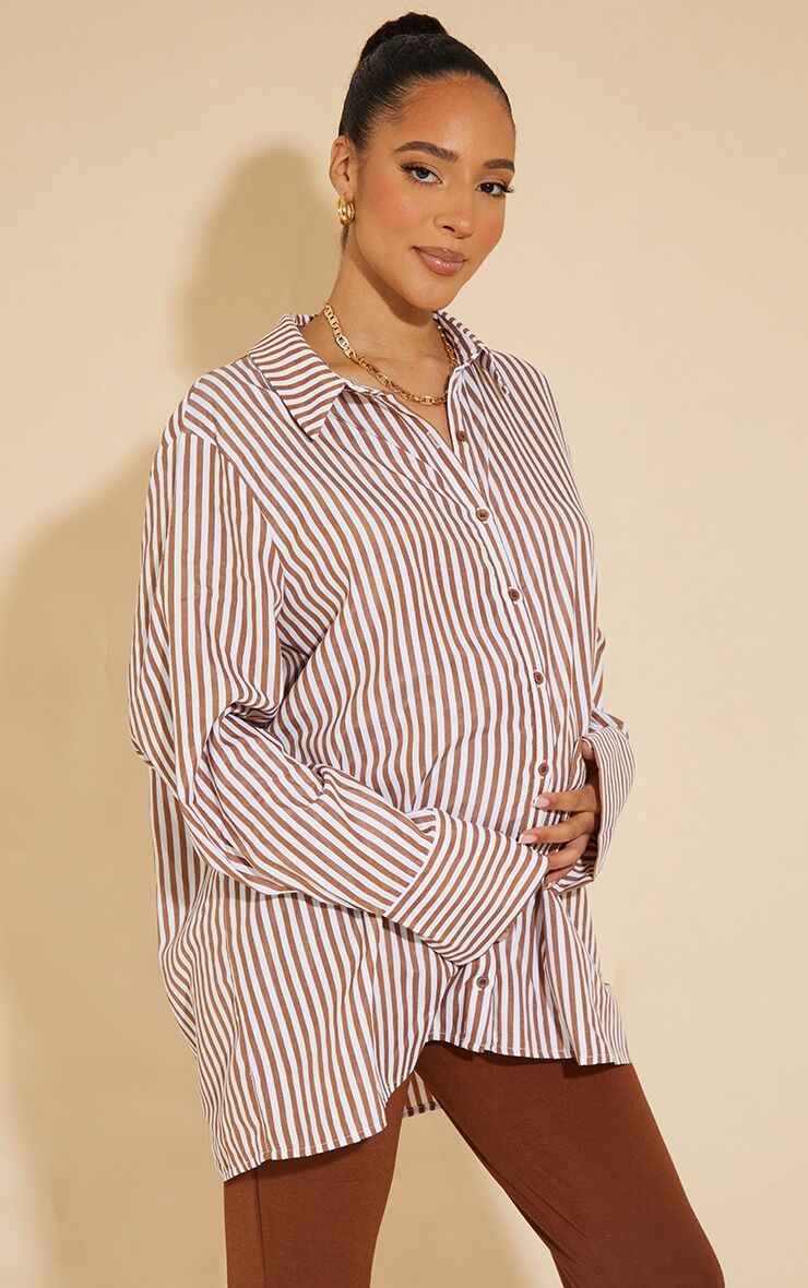 PrettyLittleThing Maternity Brown Oversized Cuff Stripe Shirt  - Brown - Size: 12