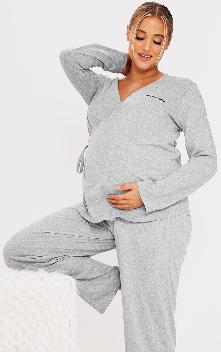PrettyLittleThing Maternity Grey Marl Pretty Little Mama Nursing Wrap Pajama Top  - Grey - Size: 16
