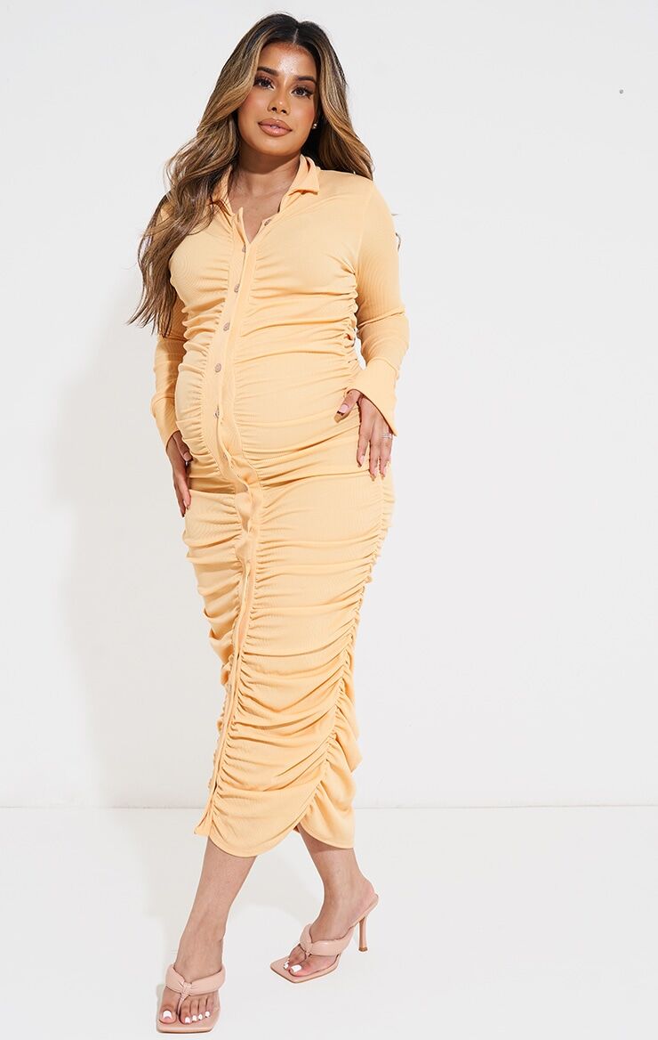 PrettyLittleThing Maternity Peach Ruched Bump Midaxi Dress  - Peach - Size: 10