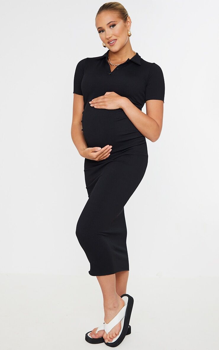 PrettyLittleThing Maternity Black Ruched Side Polo Midi Dress  - Black - Size: 6