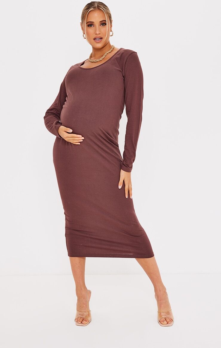 PrettyLittleThing Maternity Chocolate Basic Long Sleeve Cotton Midi Dress  - Chocolate - Size: 8