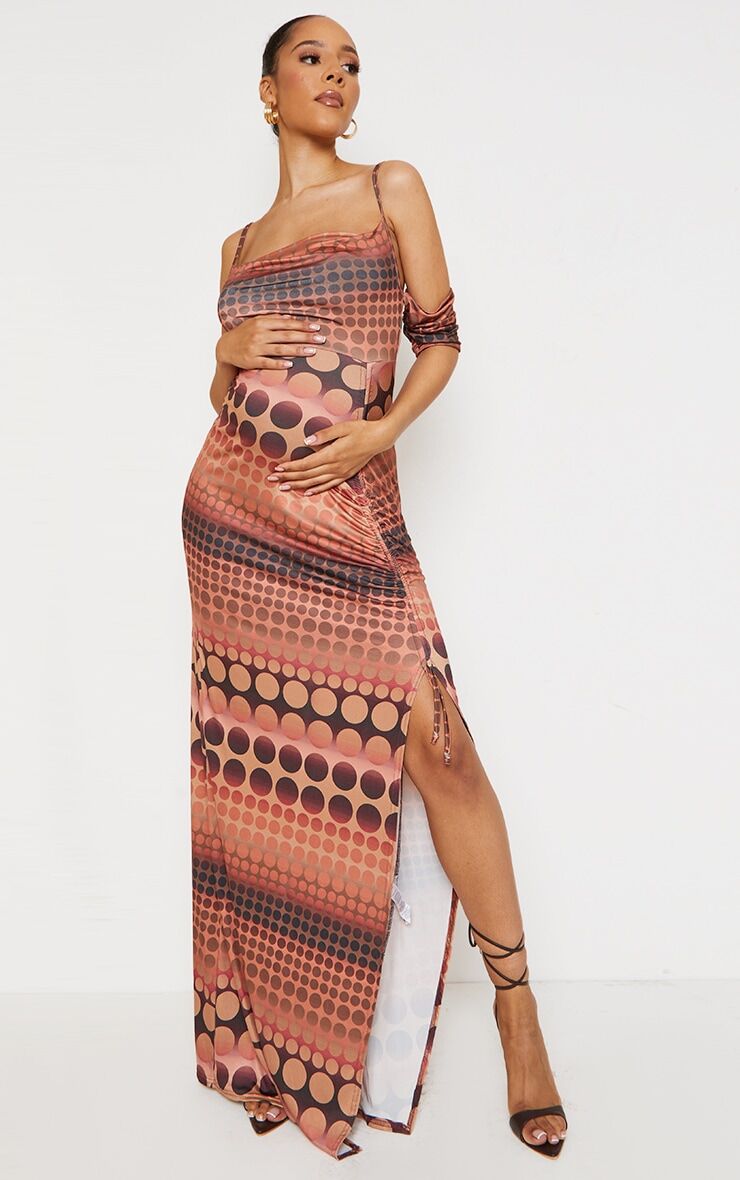 PrettyLittleThing Maternity Brown Bardot Ruched Maxi Dress  - Brown - Size: 8