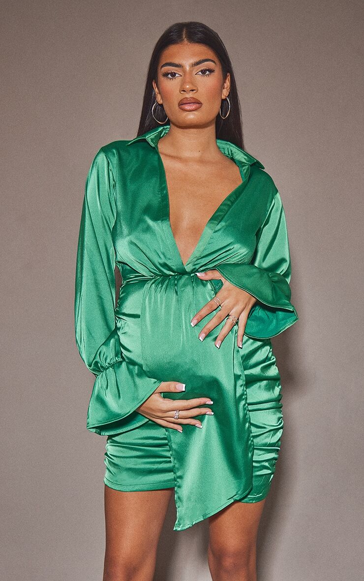 PrettyLittleThing Maternity Green Satin Drape Front Mini Dress  - Green - Size: 10