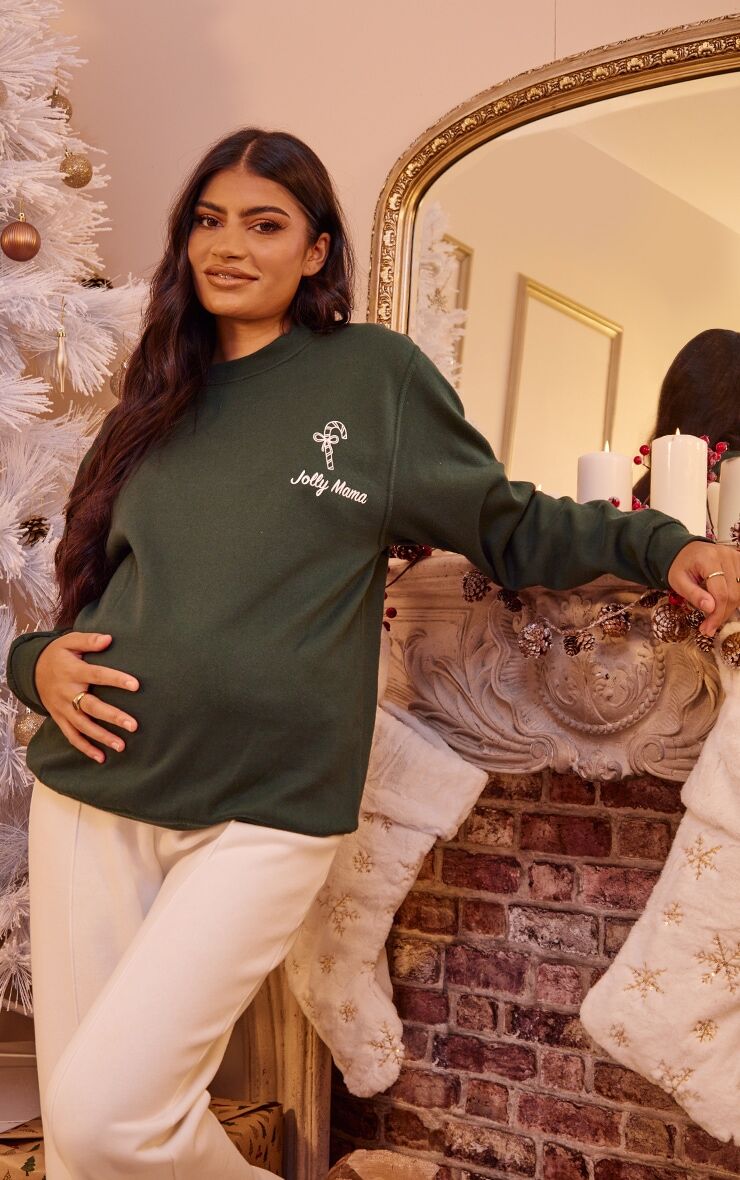 PrettyLittleThing Maternity Green Jolly Mama Sweatshirt  - Green - Size: Extra Small