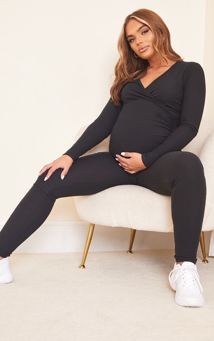 PrettyLittleThing Maternity Black Brushed Rib Leggings  - Black - Size: 10