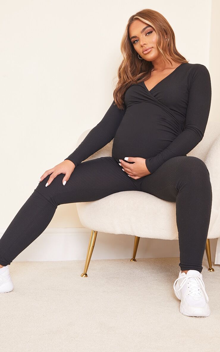 PrettyLittleThing Maternity Black Brushed Rib Leggings  - Black - Size: 12