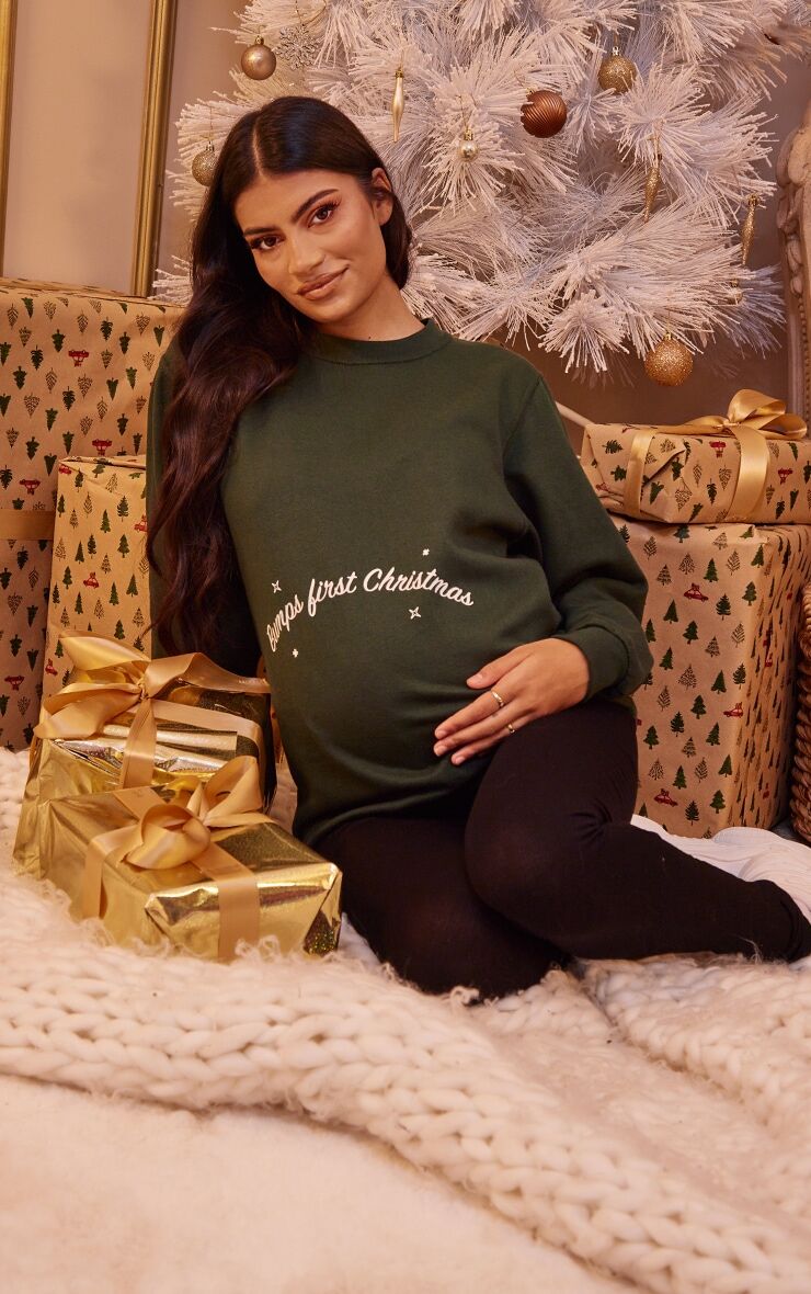 PrettyLittleThing Maternity Green Bumps First Christmas Sweatshirt  - Green - Size: Extra Large