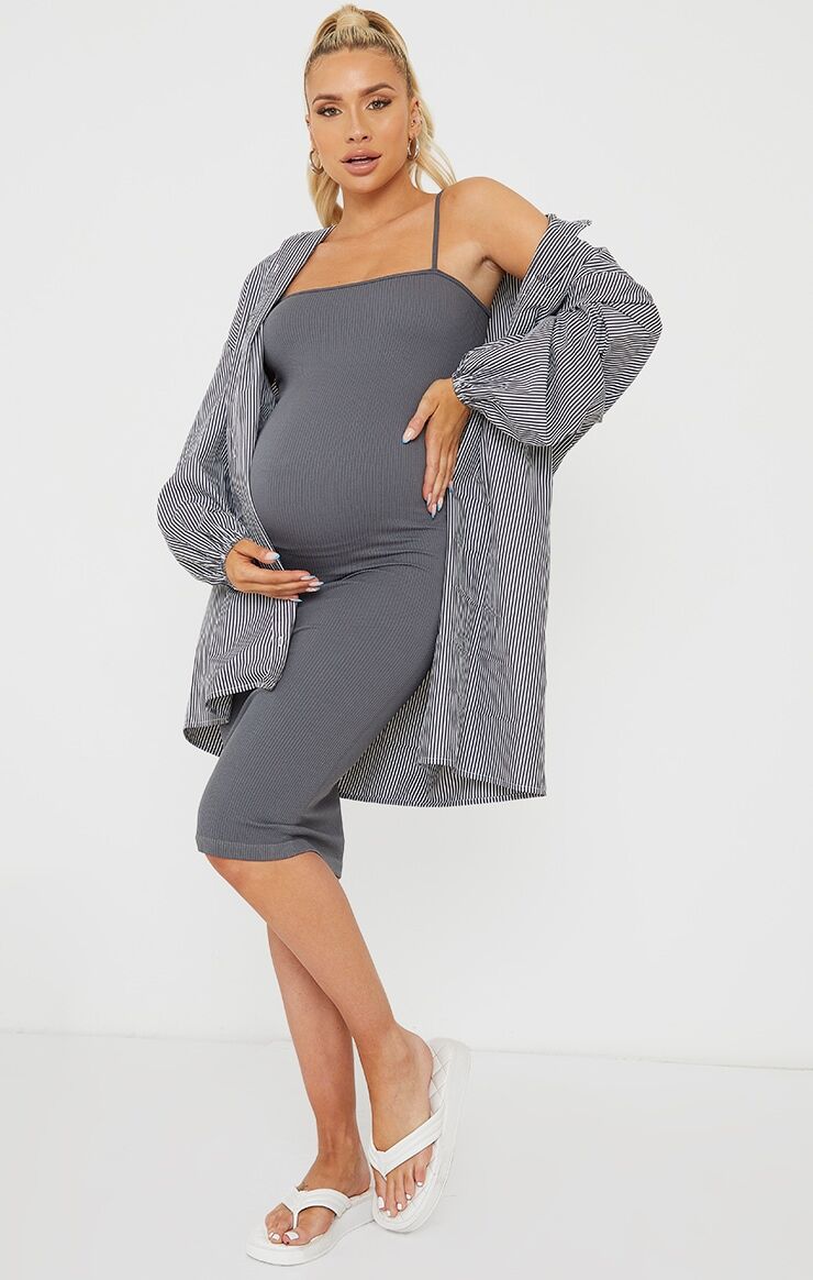 PrettyLittleThing Maternity Slate Contour Ribbed Strappy Midi Dress  - Slate - Size: Medium