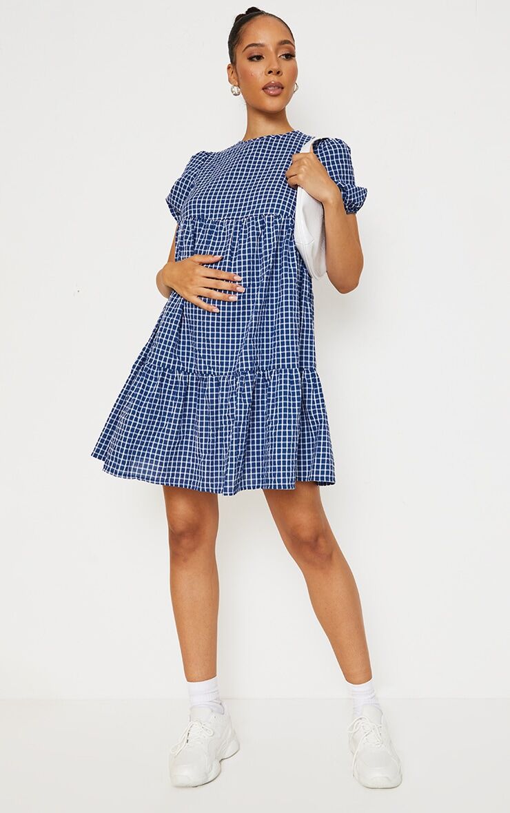 PrettyLittleThing Maternity Navy Textured Check Puff Sleeve Mini Dress  - Navy - Size: 16