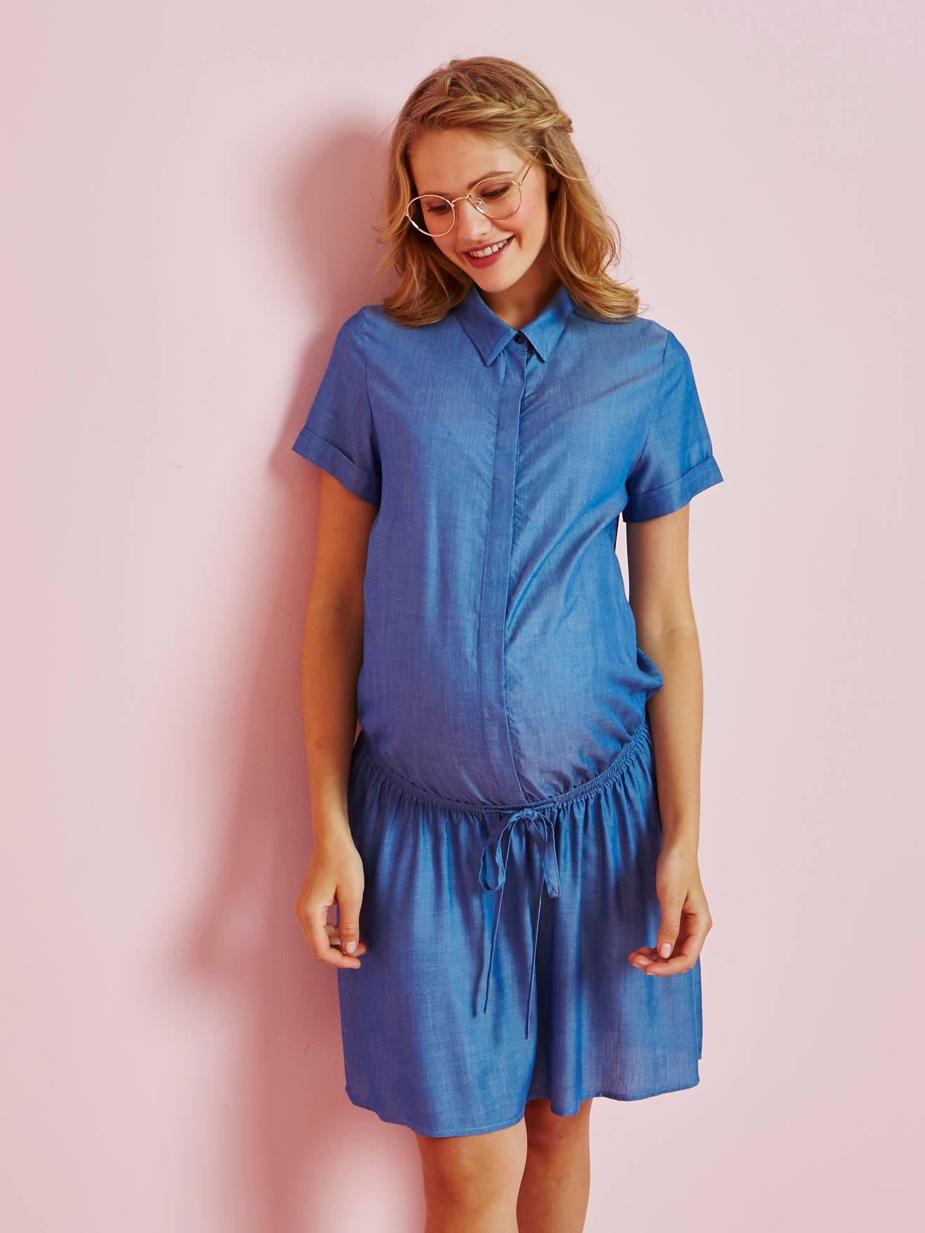 VERTBAUDET Vestido camisero para embarazo azul claro liso