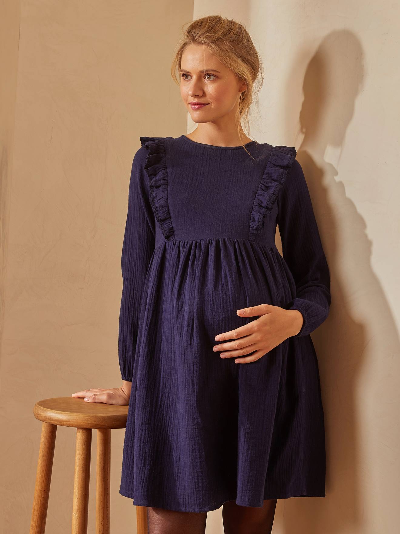 VERTBAUDET Vestido de gasa de algodón para embarazo y lactancia azul oscuro liso