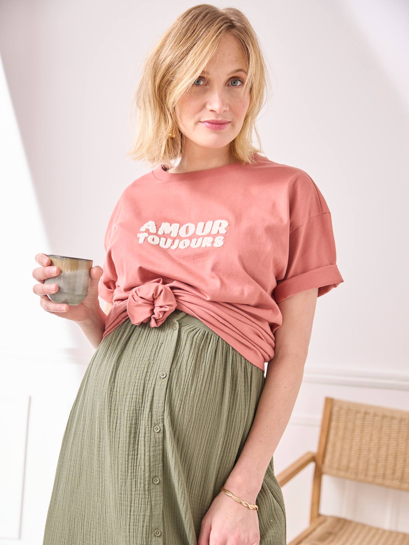 VERTBAUDET Camiseta lisa con mensaje para embarazo de algodón orgánico teja