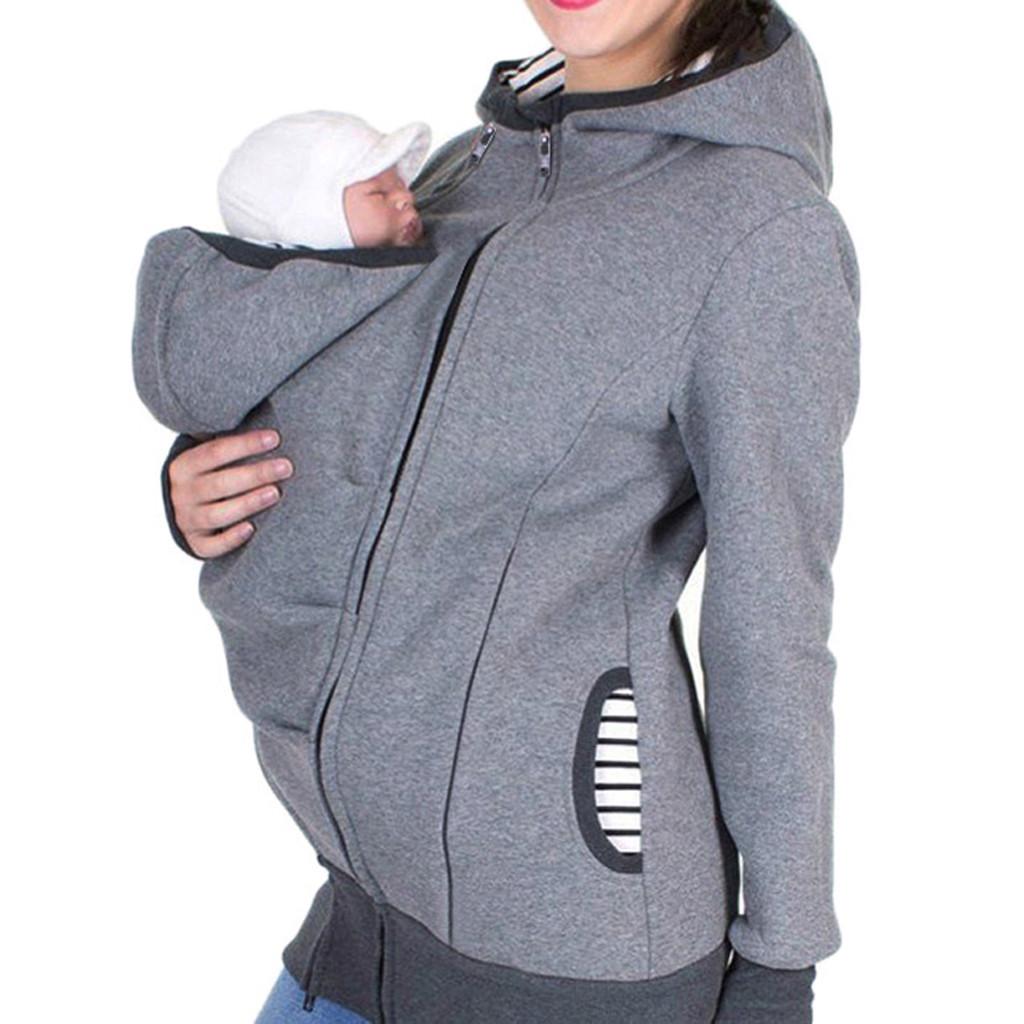 (SU)Mode femmes maternité rayé bébé pochette transporteur à capuche fermeture éclair manteau de grossesse